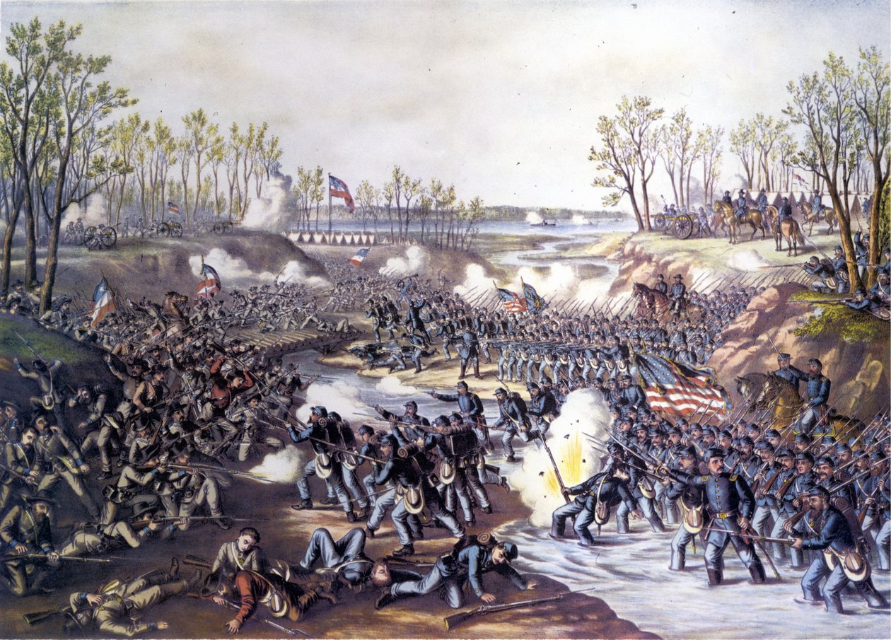 Wojna secesyjna (1861 - 1865): Bitwa pod Shiloh lub Pittsburg Landing (Tennessee) 06-07 kwietnia 1862. Rycina z XIX wieku. autorstwa Unknown artist