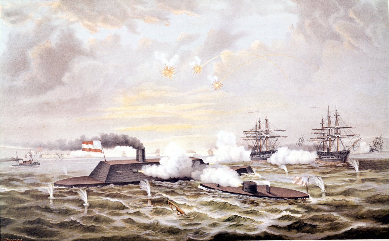 Wojna secesyjna (1861 - 1865): Bitwa morska pod Hampton Roads (Wirginia) 08-09 marca autorstwa Unknown artist