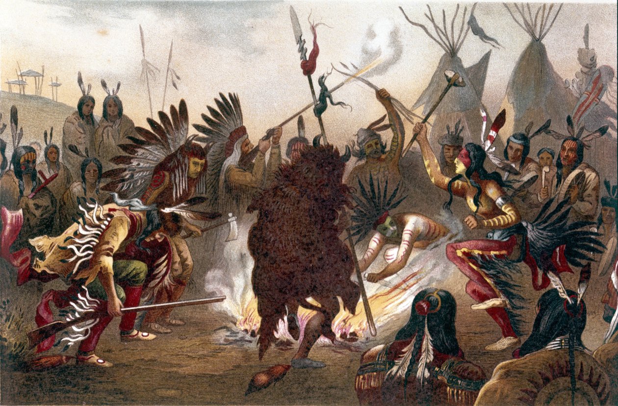 Rytuał Indian amerykańskich (Indianie z równin Dakoty Południowej): Taniec wojenny Siuksów. chromolitografia z „Rasy ludzkiej” Ratzela, ok. 1890 r. autorstwa Unknown artist