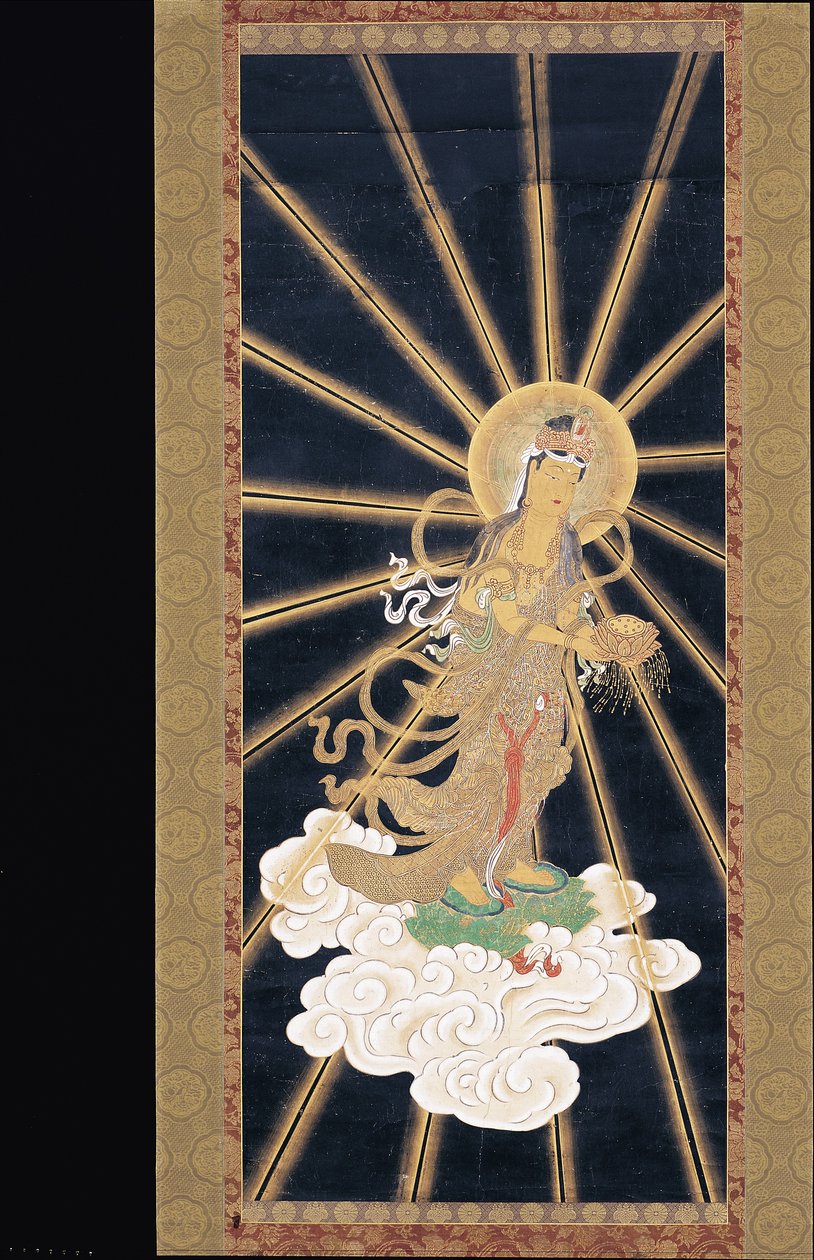 Amitabha (Amida) Triada zstępująca z nieba (pigment na konshi (niebieski papier ryżowy)) autorstwa Unknown artist