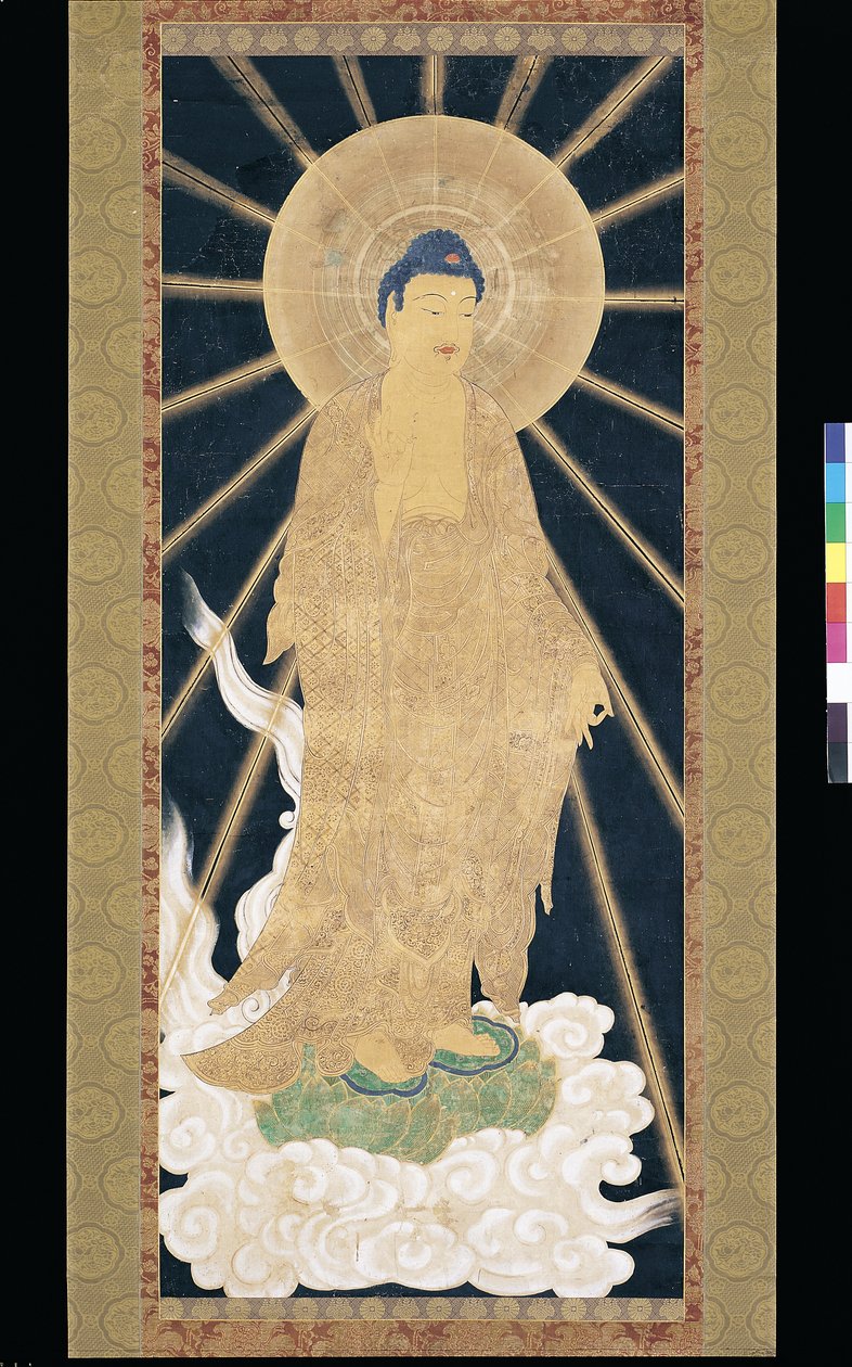 Amitabha (Amida) Triada zstępująca z nieba (pigment na konshi (niebieski papier ryżowy)) autorstwa Unknown artist