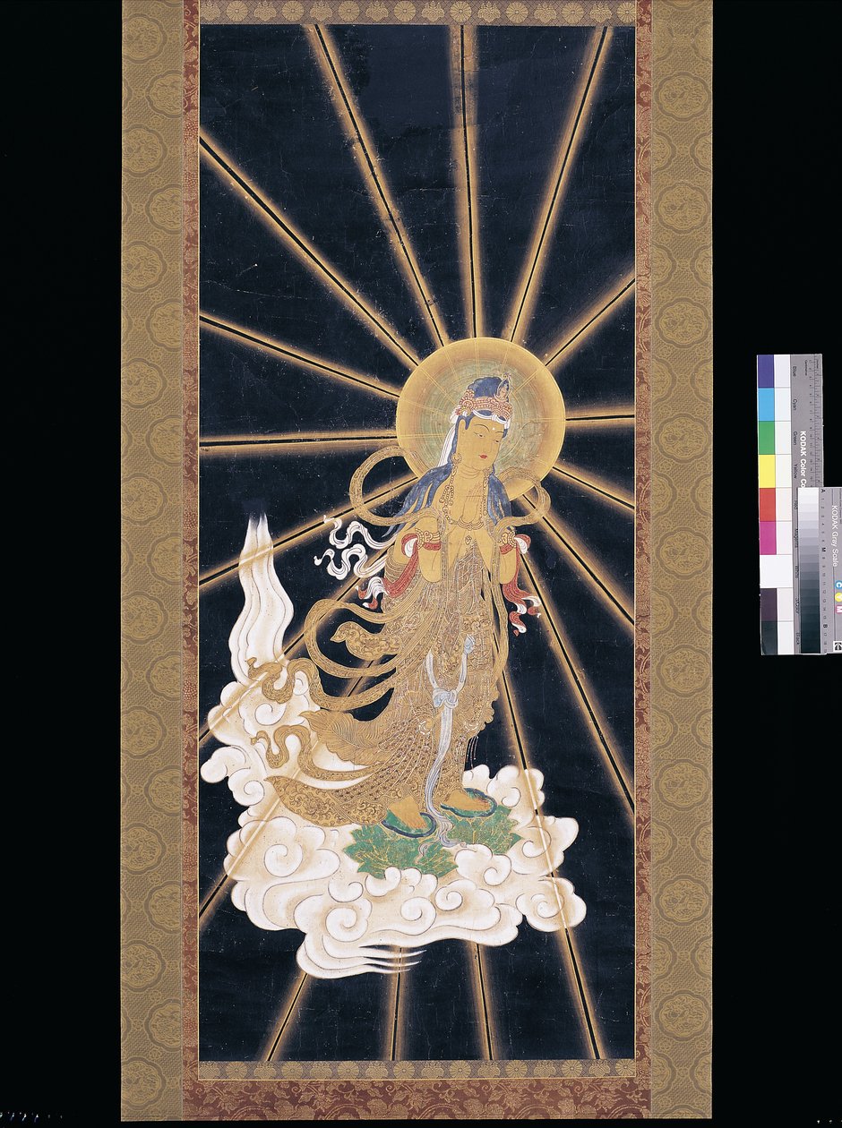 Amitabha (Amida) Triada zstępująca z nieba (pigment na konshi (niebieski papier ryżowy)) autorstwa Unknown artist