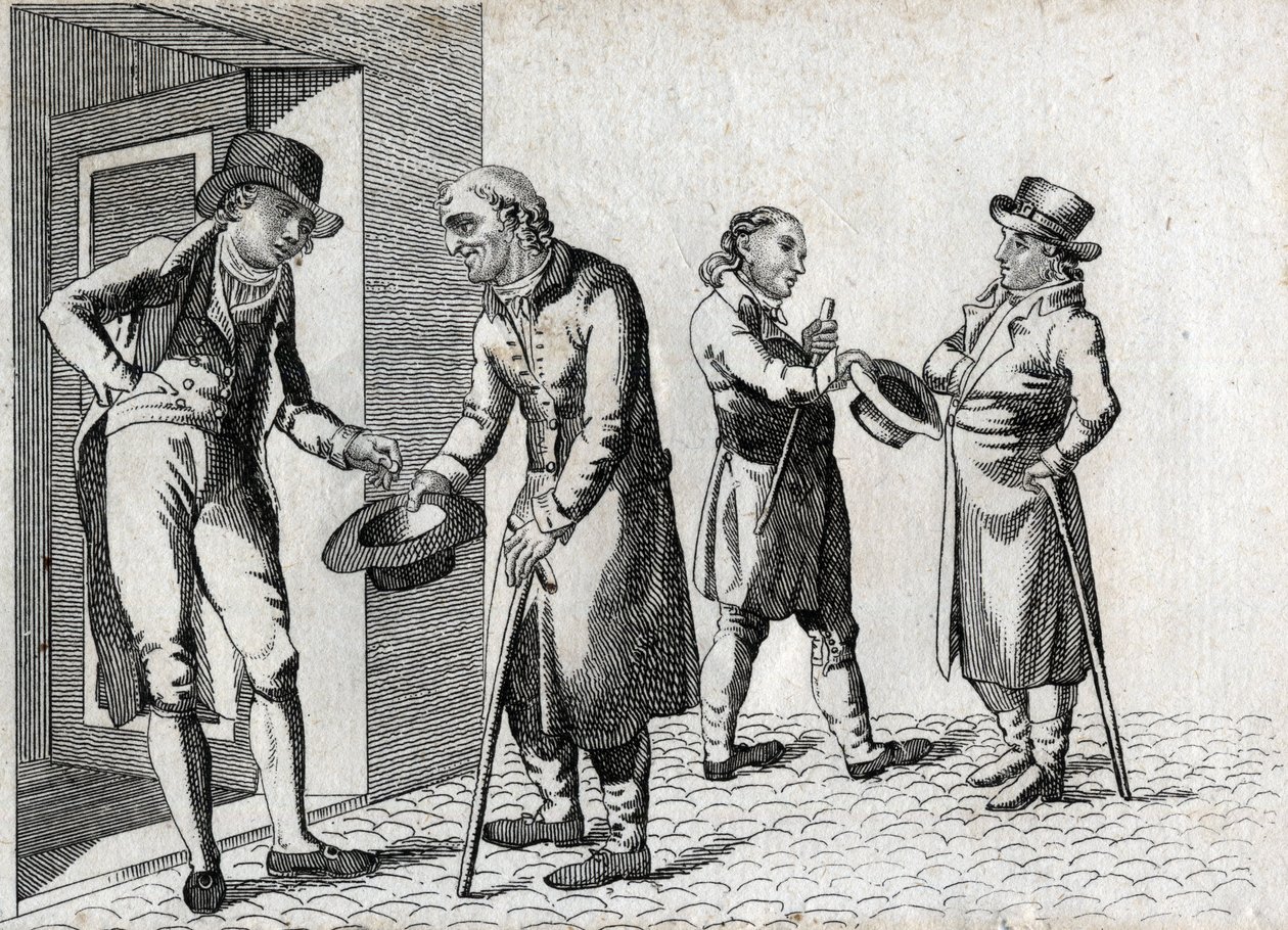 Amona. Żebracy zajmujący się kapeluszami na monety. Grawerowanie końca XVIII wieku. Prywatna kolekcja. autorstwa Unknown artist