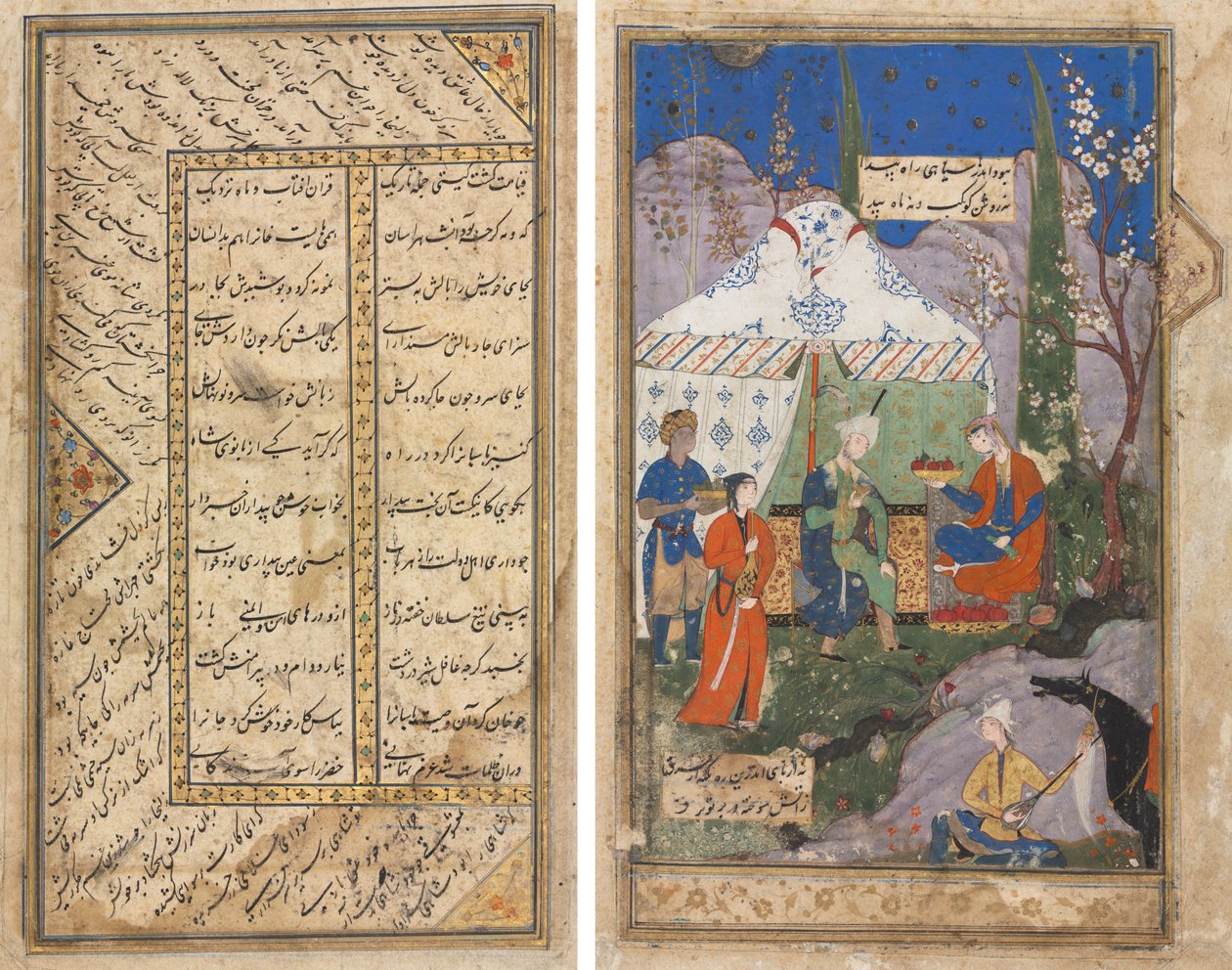Epizod z opowieści o królu Sasanii Khusrau i jego ukochanej Szirin z Khamsy (kwintetu) Nizami (1141–1209) (odwrócona); Wersety perskie z Haft Awrang (Siedem Tronów) Jamiego (zm. 1492) (odbyt) autorstwa Unknown artist