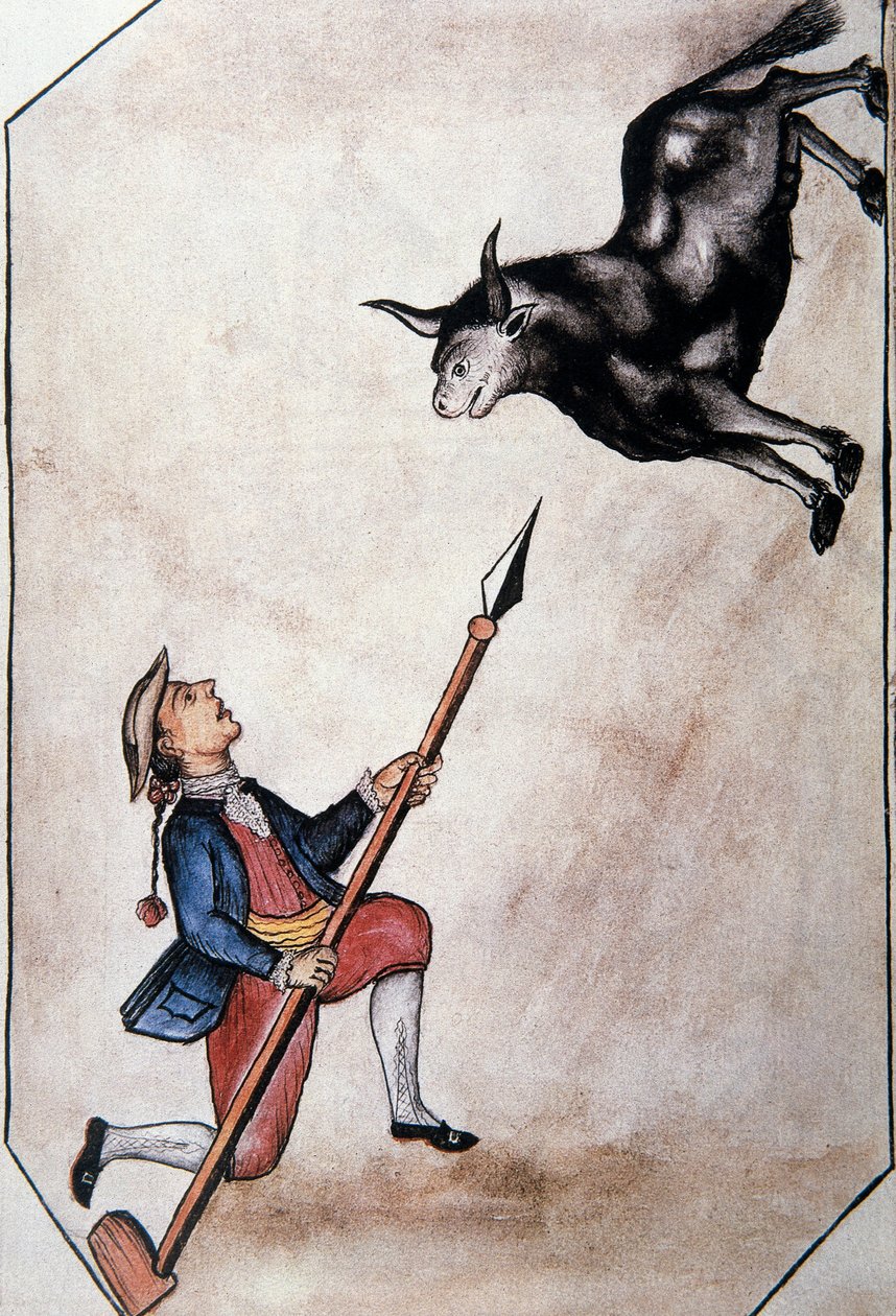 Indianin wskazujący włócznią na byka, z książki „Trujillo of Peru” lub „Codex Martinez Companion”, autorstwa Baltazara Martineza Companion i Bujandy, biskupa Trujillo (1782-1785) autorstwa Unknown artist
