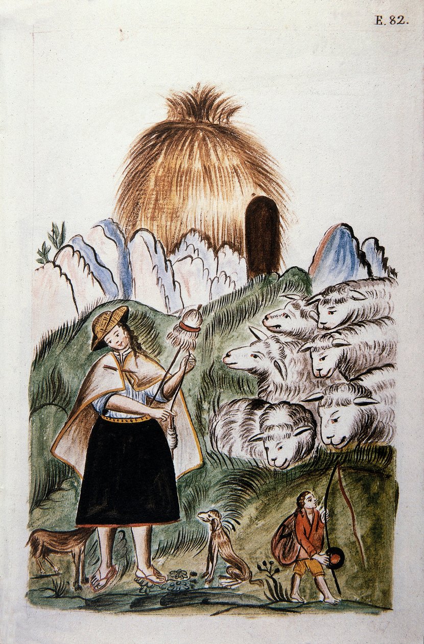 Pasterka indyjska w pobliżu jej chaty ze swoim stadem, z książki „Trujillo del Peru” lub „Kodeks Martinez Companion”, autorstwa Baltazara Martineza Companion i Bujandy, biskupa Trujillo (1782-1785) autorstwa Unknown artist
