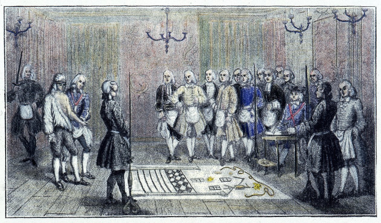 Dom czeladniczy w Paryżu, ok. 1740 r.: ta scena przedstawia przyjęcie „ucznia” masona (na podłodze obraz loży czeladniczej) - według ryciny z tamtych czasów. autorstwa Unknown artist