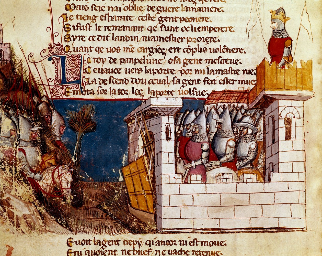 Armia (od króla Pampeluny?) ukrywa się w zamku i wspina się po miniaturowym moście Levisów z „”Entree of Spain””. Wenecja z XIV wieku, Biblioteca Marciana. autorstwa Unknown artist