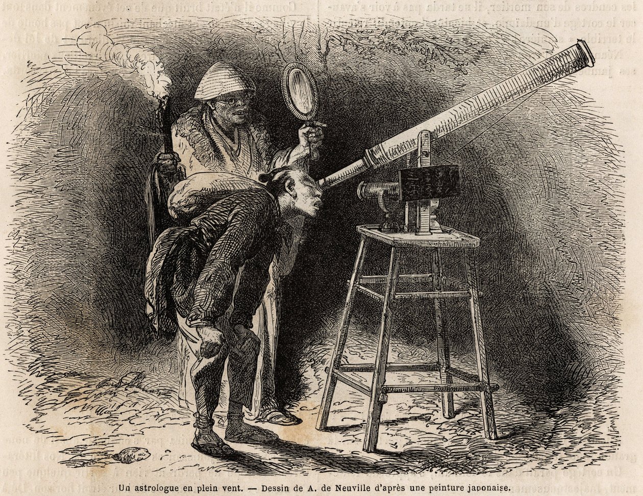 Astrolog przeszukuje niebo pod gołym niebem za pomocą swojego teleskopu. Rycina ilustrująca podróż do Japonii w latach 1863-1864 autorstwa Aime Humberta, ministra Konfederacji Szwajcarskiej, w „Le tour du monde, nouveau journal des voyages” wydanej pod reż autorstwa Unknown artist