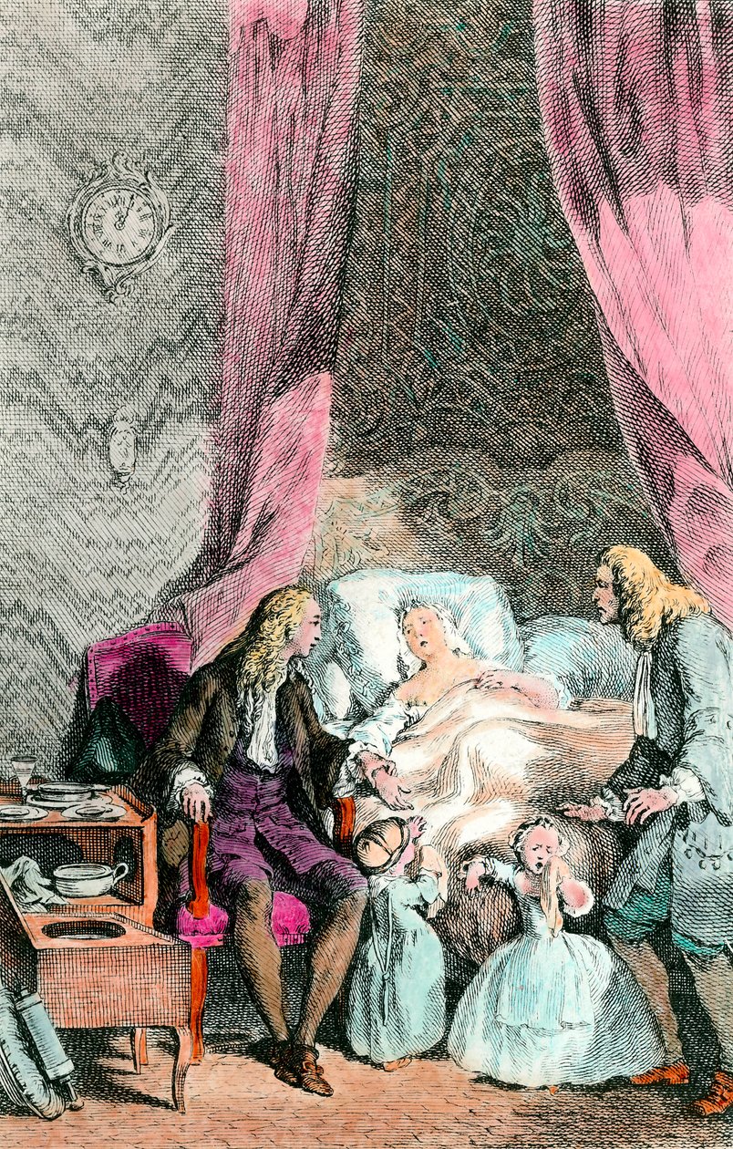 Lekarz-obserwator Kobieta, która jest chora lub już nie żyje, jest otoczona przez rodzinę i lekarza. Dzieci płaczą. Grawer około 1780 r. Paryż, Akademia Medyczna autorstwa Unknown artist