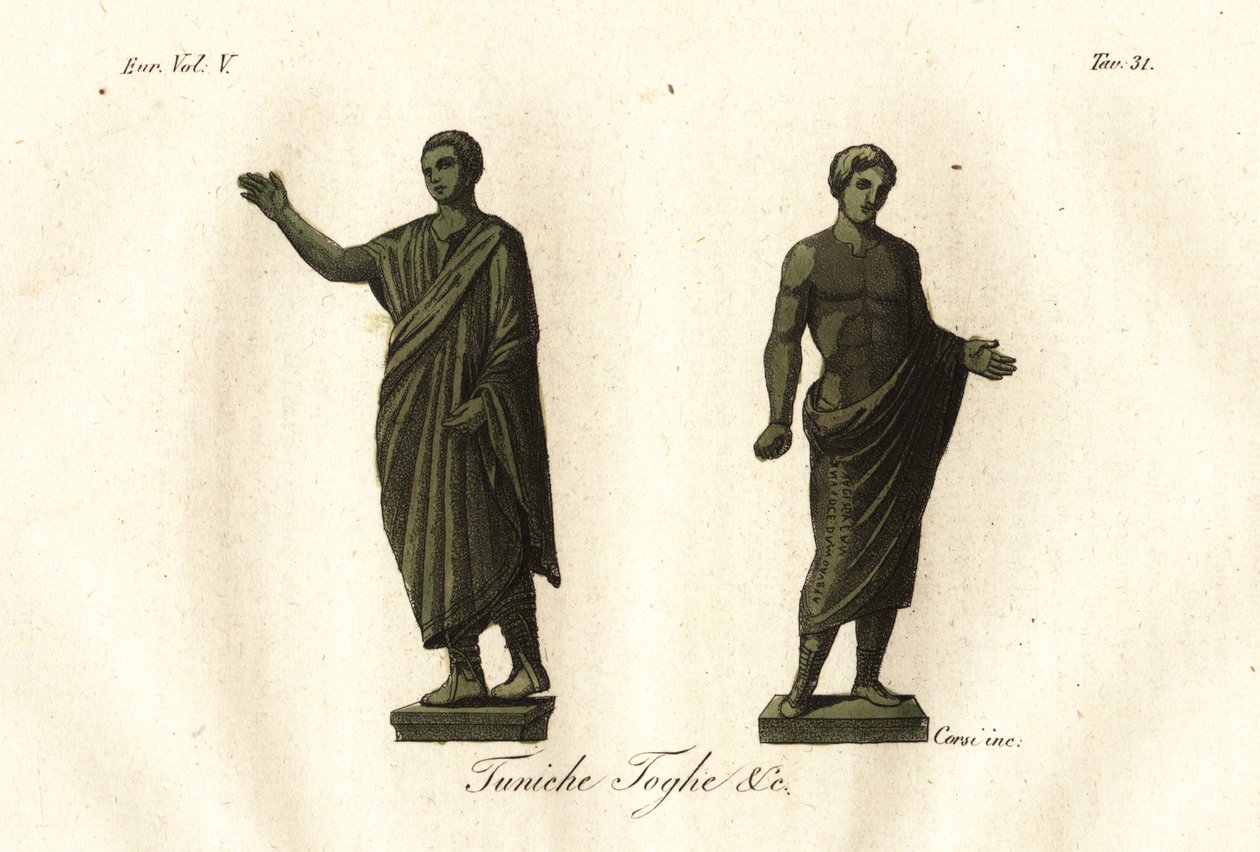 Starożytne posągi etruskie przedstawiające mężczyzn noszących togę, tunikę, calzari (buty) itp. autorstwa Unknown artist