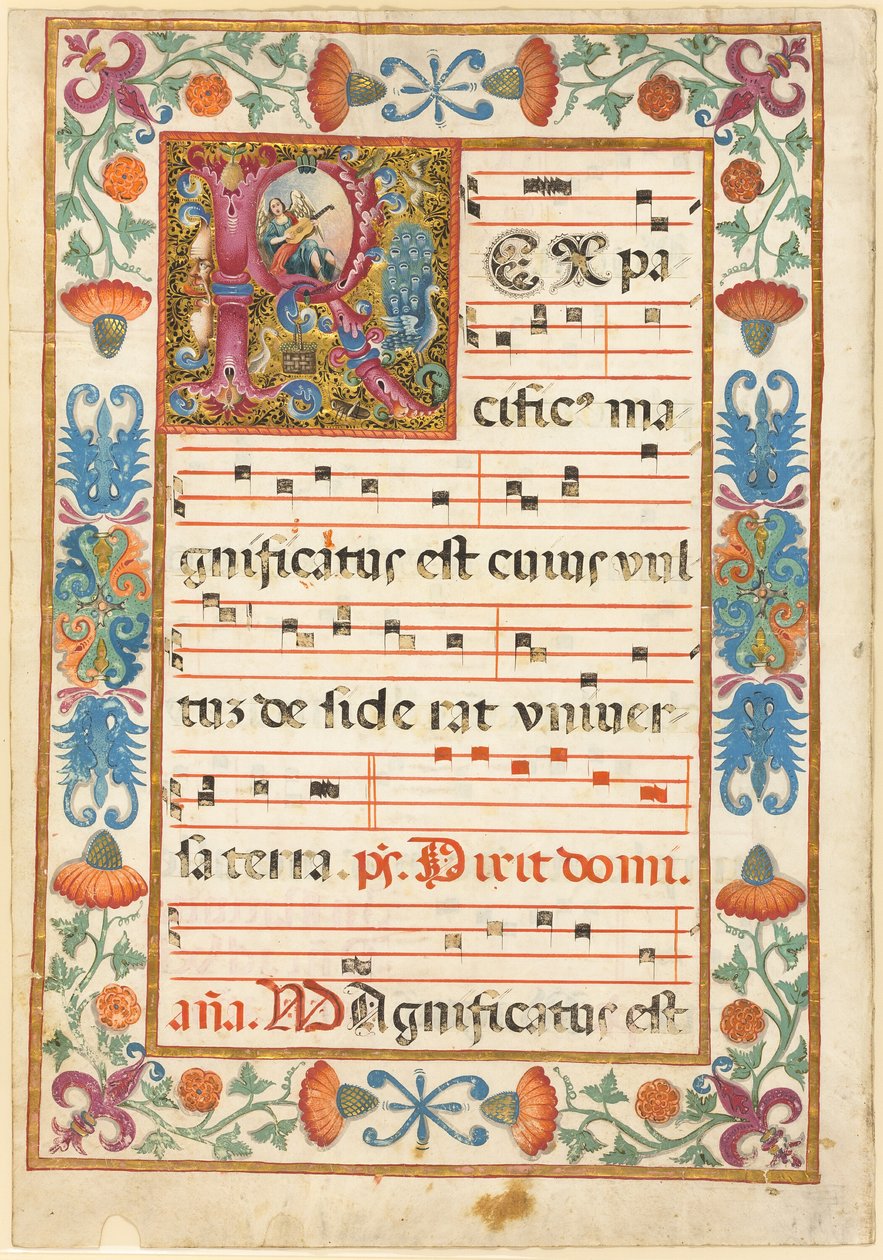 Anioł grający na instrumencie w dekorowanej inicjale "R" z florą, fauną i groteską, z antyfony autorstwa Unknown artist