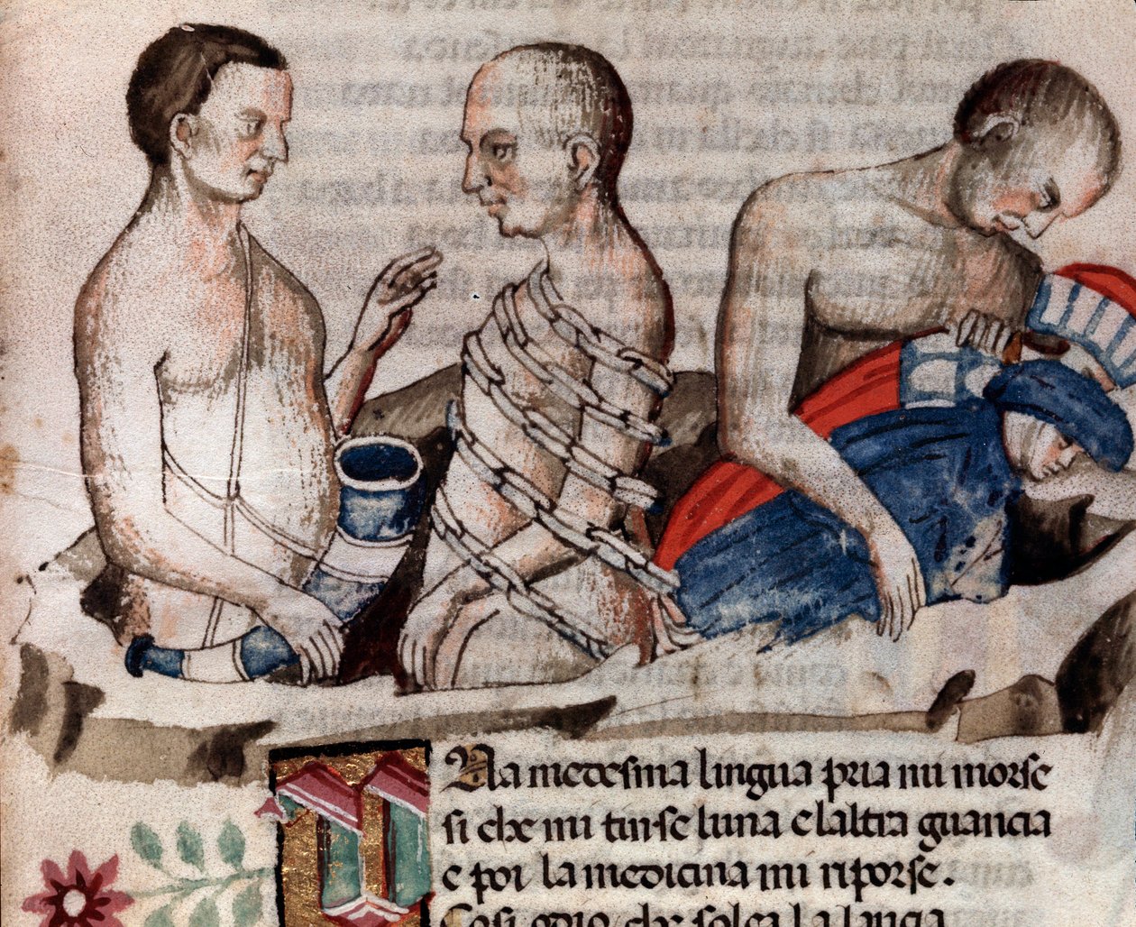 Olbrzym Anteusz opuszcza Dantego i Wergiliusza na zamarzniętą ziemię kręgu Zdrady (pieśń 31 z piekła, w Boskiej Komedii) - miniatura XV w. autorstwa Unknown artist