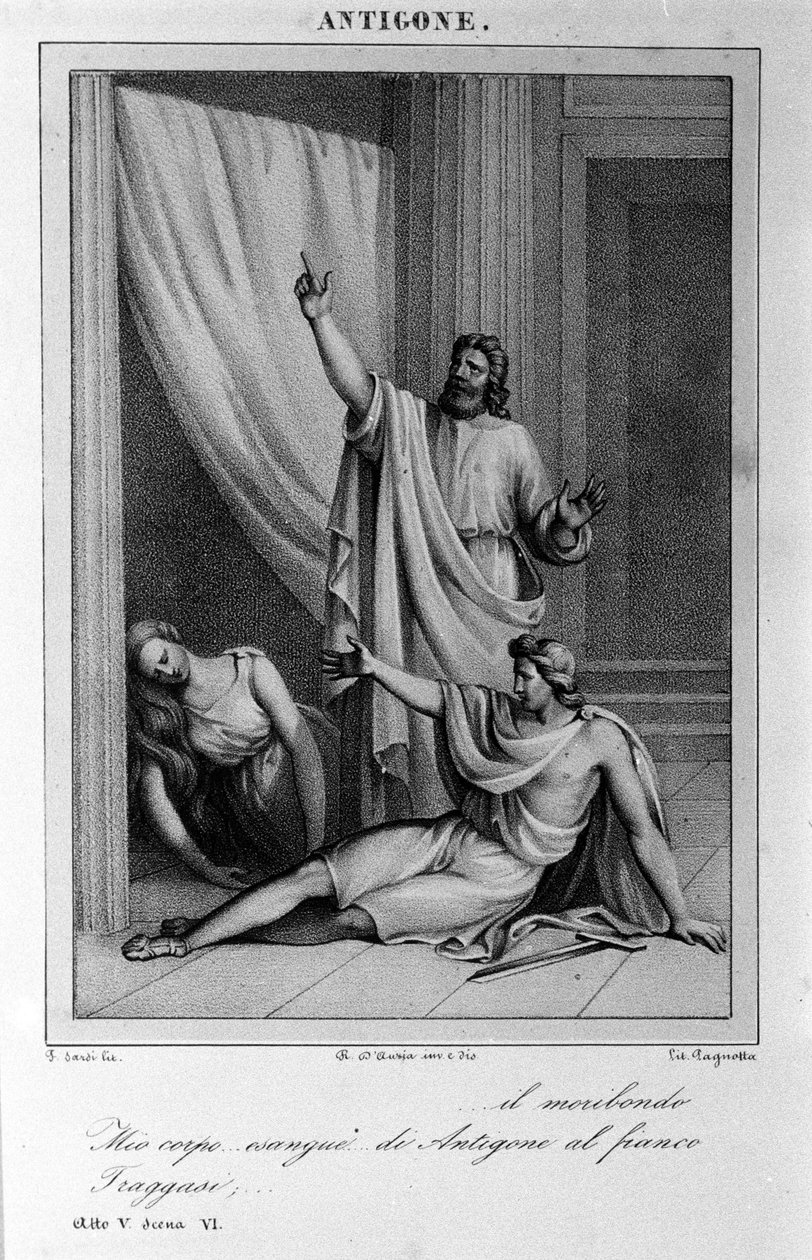 Antygona Akt 5, scena 6. Włoska tragedia Vittorio Alfieri napisana w 1783 roku według mitologii greckiej. Rycina z XVIII wieku. autorstwa Unknown artist