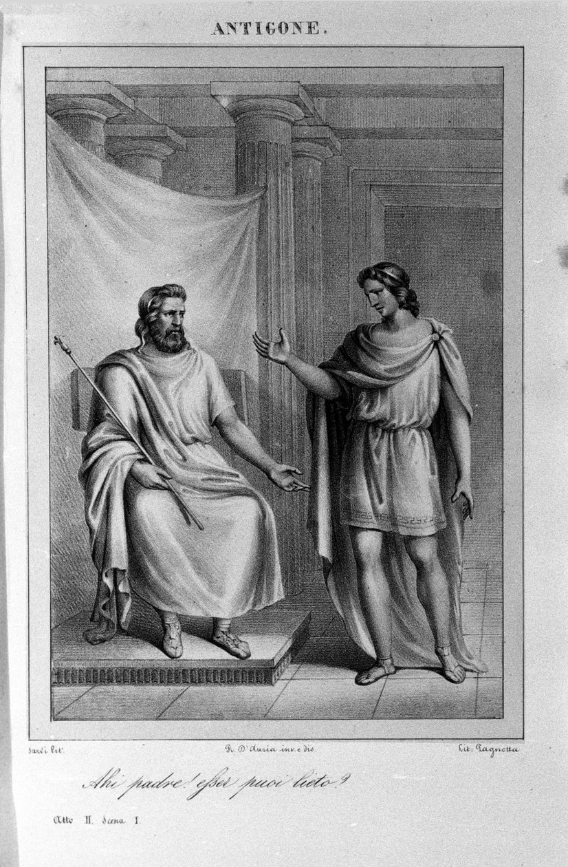 Antygona Akt II, scena 1. Tragedia włoska Vittorio Alfieri napisana w 1783 roku według mitologii greckiej. Rycina z XVIII wieku. autorstwa Unknown artist