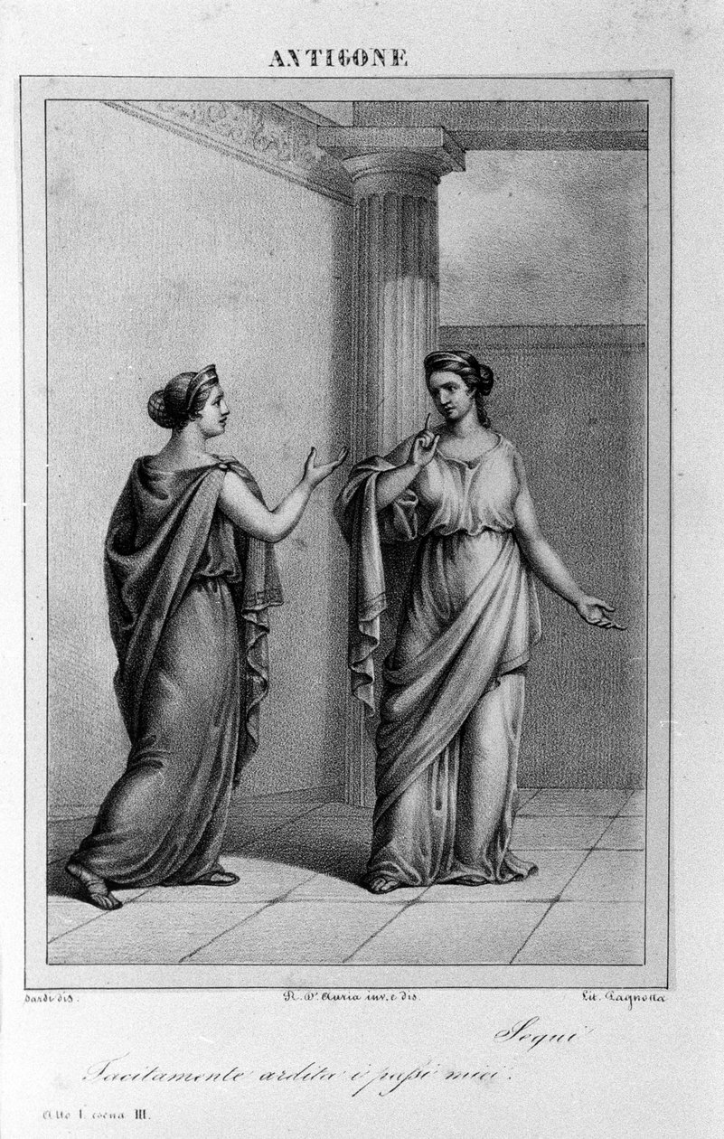 Antygona Akt I, scena 3. Włoska tragedia Vittorio Alfieri napisana w 1783 roku według mitologii greckiej. Rycina z XVIII wieku. autorstwa Unknown artist