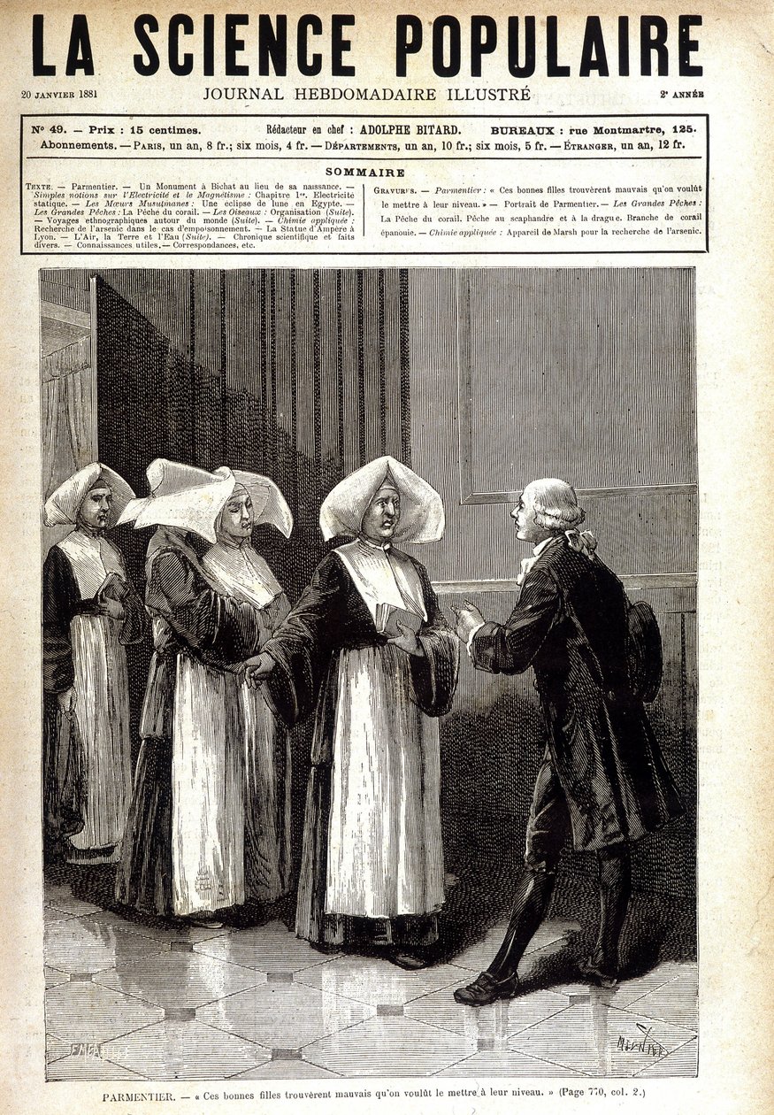 Antoine Augustin Parmentier (1737 - 1813), farmaceuta znany z rozpowszechniania upraw ziemniaków we Francji, rozmawiający z zakonnicami. w „La science populaire”” 20.01.2081. autorstwa Unknown artist