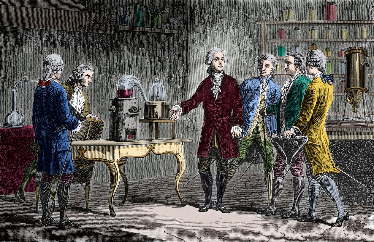 Antoine Laurent Lavoisier (1743-1894) wykonuje rozkład powietrza w 1776 r. - Antoine Laurent Lavoisier Angielski chemik, pokazując kolegom naukowcom swój eksperyment, który ujawnił skład powietrza w 1776 r. - Grawerowanie od Louisa Figuiera autorstwa Unknown artist