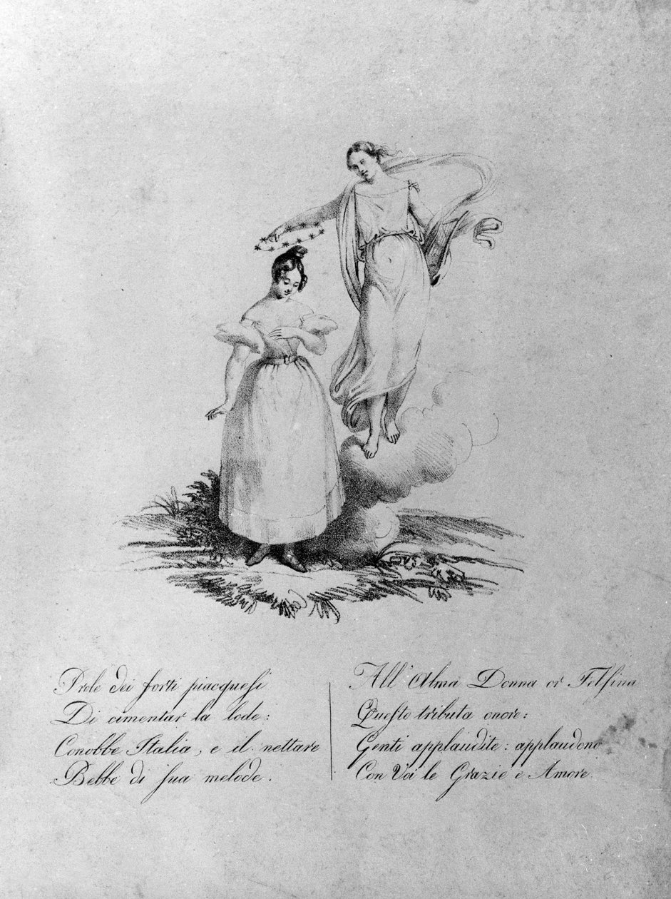 Apoteoza Marii Garcii zwanej śpiewaczką Malibran (1808-1836). Rycina XIX wieku. . Mediolan. autorstwa Unknown artist