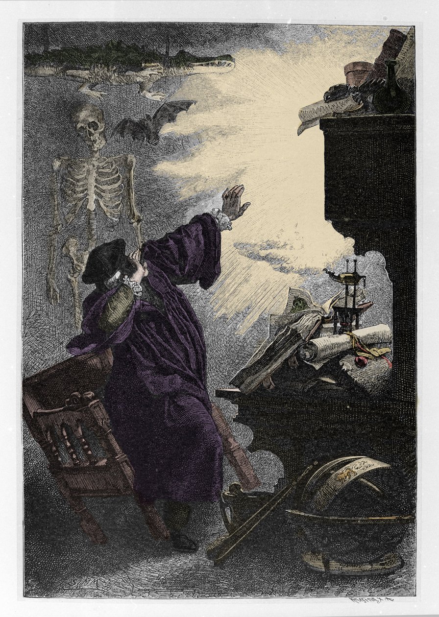 Apparition de Mephistopheles (Mephisto) a Faust Illustration de „”Faust”” Johanna Wolfganga von Goethego (1749-1832) (Ilustracja do „”fausta”” Goethego) Grawerowanie autorstwa Unknown artist