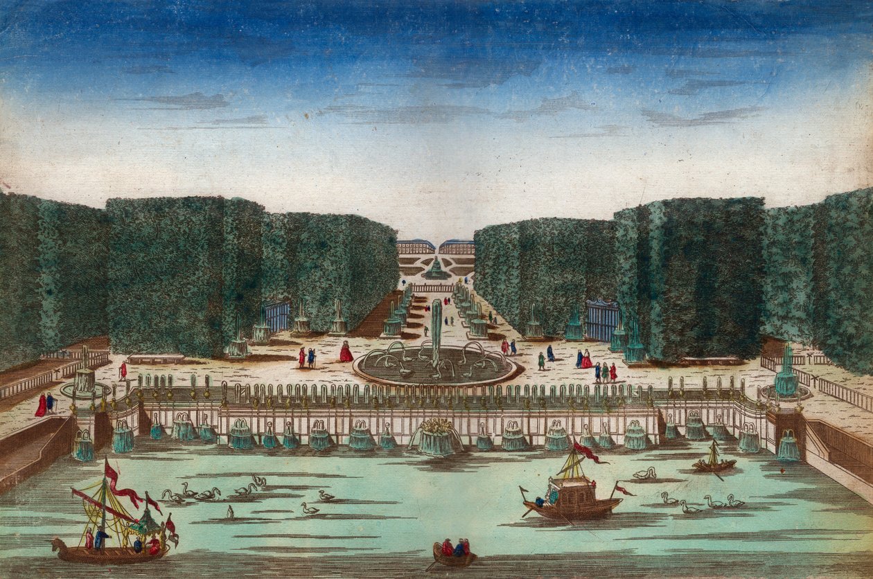 Aquae Lapsus w Hortis Versalicis - Widok optyczny przedstawiający wodospady Wersalu w XVIII wieku - Ilustracja około 1760 r. autorstwa Unknown artist