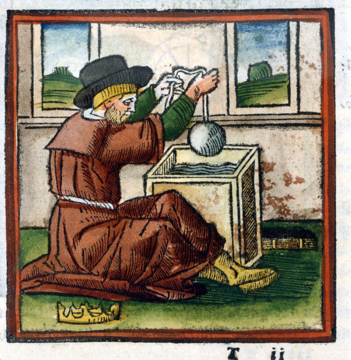 Archimedes określa wagę korony Hieron przez zanurzenie w wodzie (doświadczenie pchnięcia) - grawerowanie autorstwa Unknown artist