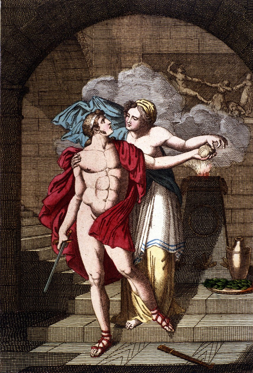 Arianne daje Tezeuszowi nić, aby mógł wydostać się z labiryntu - in Dizionario mitologico autorstwa Unknown artist