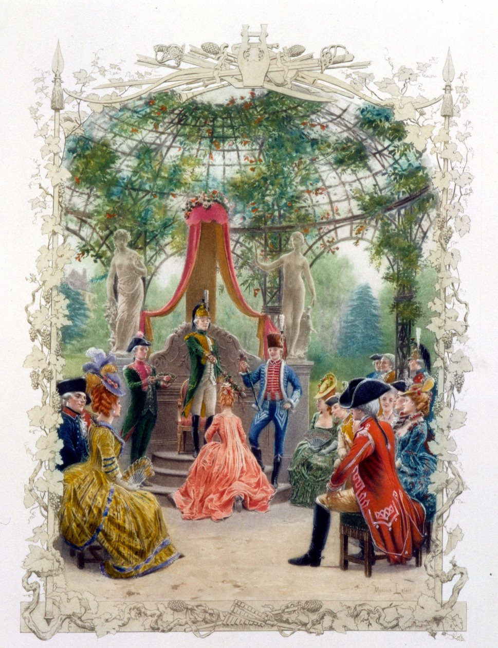 Ceremonia arystokratyczna w ogrodzie (zamku w Wersalu?) w „Kobiecie jakości w minionym stuleciu” 1778 autorstwa Unknown artist