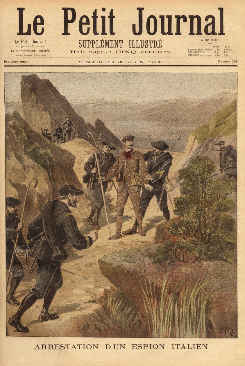 Aresztowanie włoskiego szpiega, kapitana Vittorio Ravelli, przez 23 Batalion Łowców Alpejskich, na północ od departamentu Alp Nadmorskich. Grawerowanie w „”Le petit journal”” 28.06.1896. Kolekcja Selvy. autorstwa Unknown artist