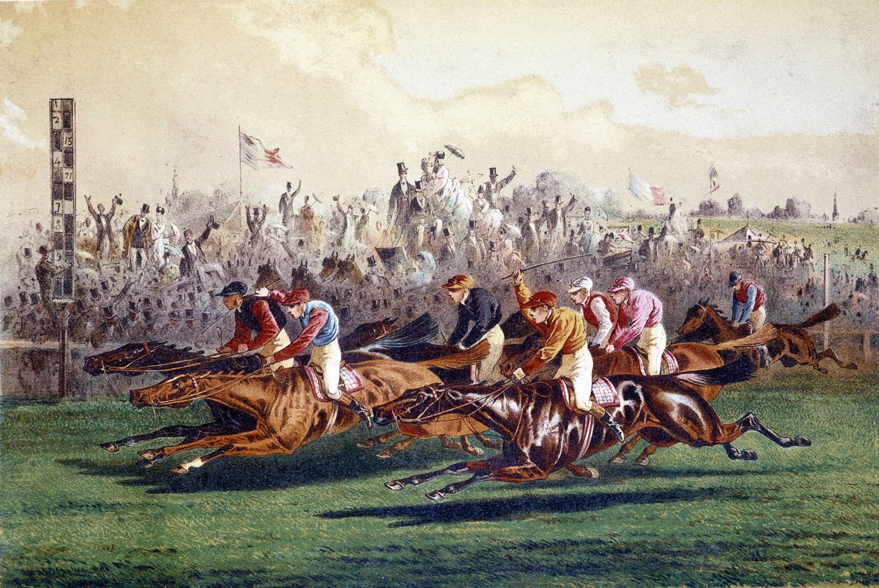 Przybycie wyścigu konnego. Ilustracja z XIX wieku. autorstwa Unknown artist