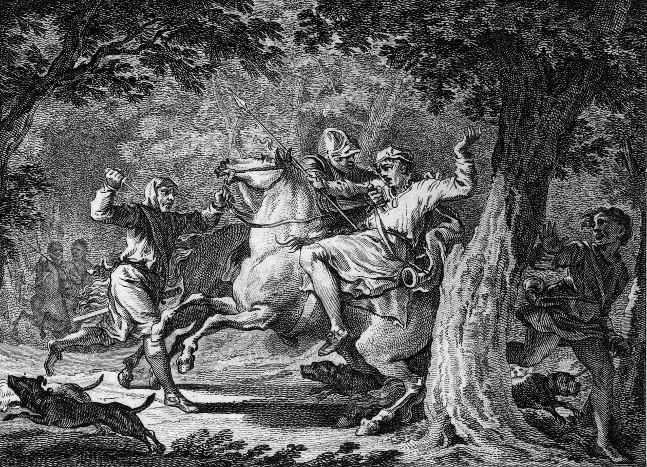 Zabójstwo Childeryka II, 675: król Franków (ok. 653-675) został zabity w lesie Lognes przez Bodillona, lorda, którego wychłostał. Rycina z XVIII wieku. autorstwa Unknown artist
