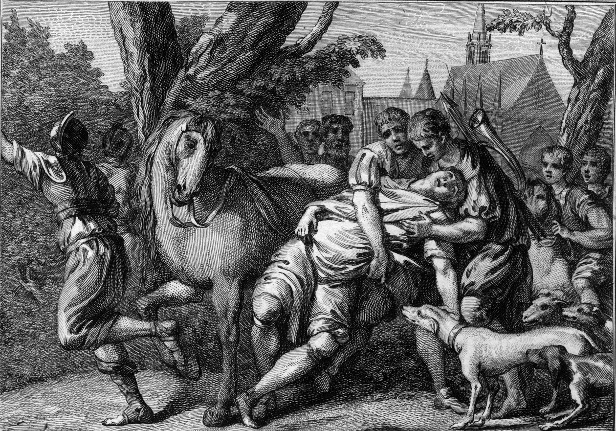 Zamach na Chilperica I (539-584), króla Neustrii, ufundowany przez jego żonę, królową Fredegonde (ok. 545-597), 584. Rycina z XVIII wieku. autorstwa Unknown artist