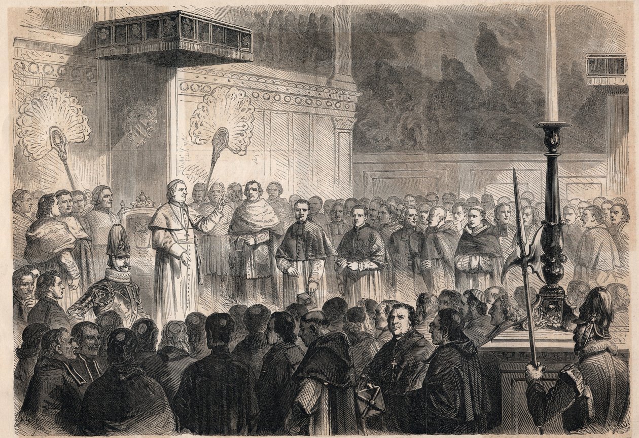 Audiencja papieża Piusa IX (Pio) (1792-1878) obcym duchownym w Kaplicy Sykstyńskiej (cappella sistina) w Rzymie z okazji uroczystości kanonizacyjnych 26 „męczenników Japonii”, grupy katolików ukrzyżowanych w Japonii w 1597 autorstwa Unknown artist