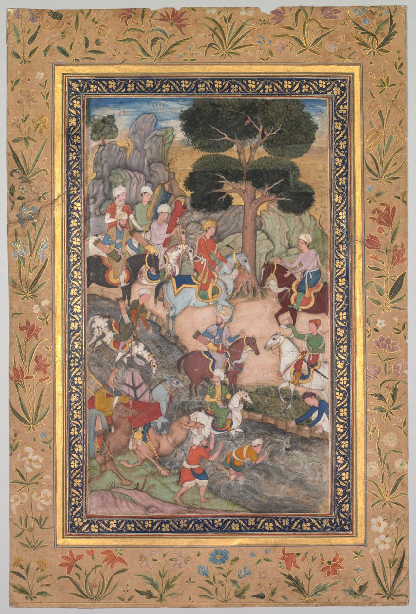 Spotkanie Babura z sułtanem Ali Mirzą nad rzeką Kohik, z Babur-nama (Wspomnienia Babura) autorstwa Unknown artist