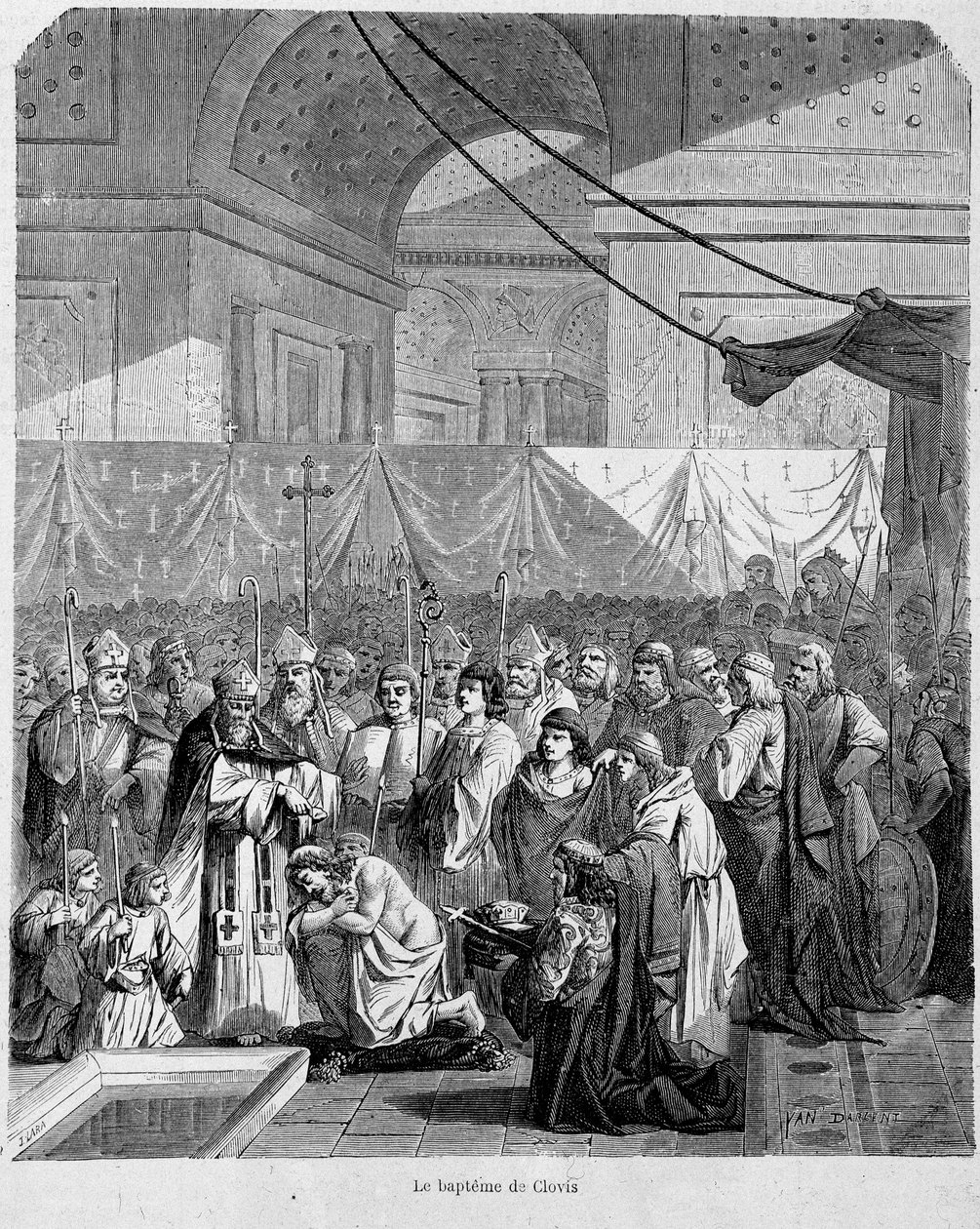 Chrzciny Clovis autorstwa Anastase II w katedrze w Reims 25 grudnia 498 r. - w „Histoire des Popes”, t. 1, Maurice Lachatre. autorstwa Unknown artist