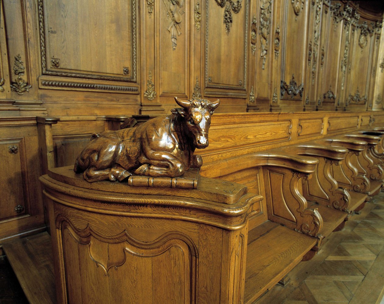 Architektura barokowa: drewniany stragan przedstawiający wołu, atrybut ewangelisty św. Łukasza. Chór (XVIII w.) kościoła św. Widok wewnętrzny. Marmoutier, Bas Rhin (67). autorstwa Unknown artist