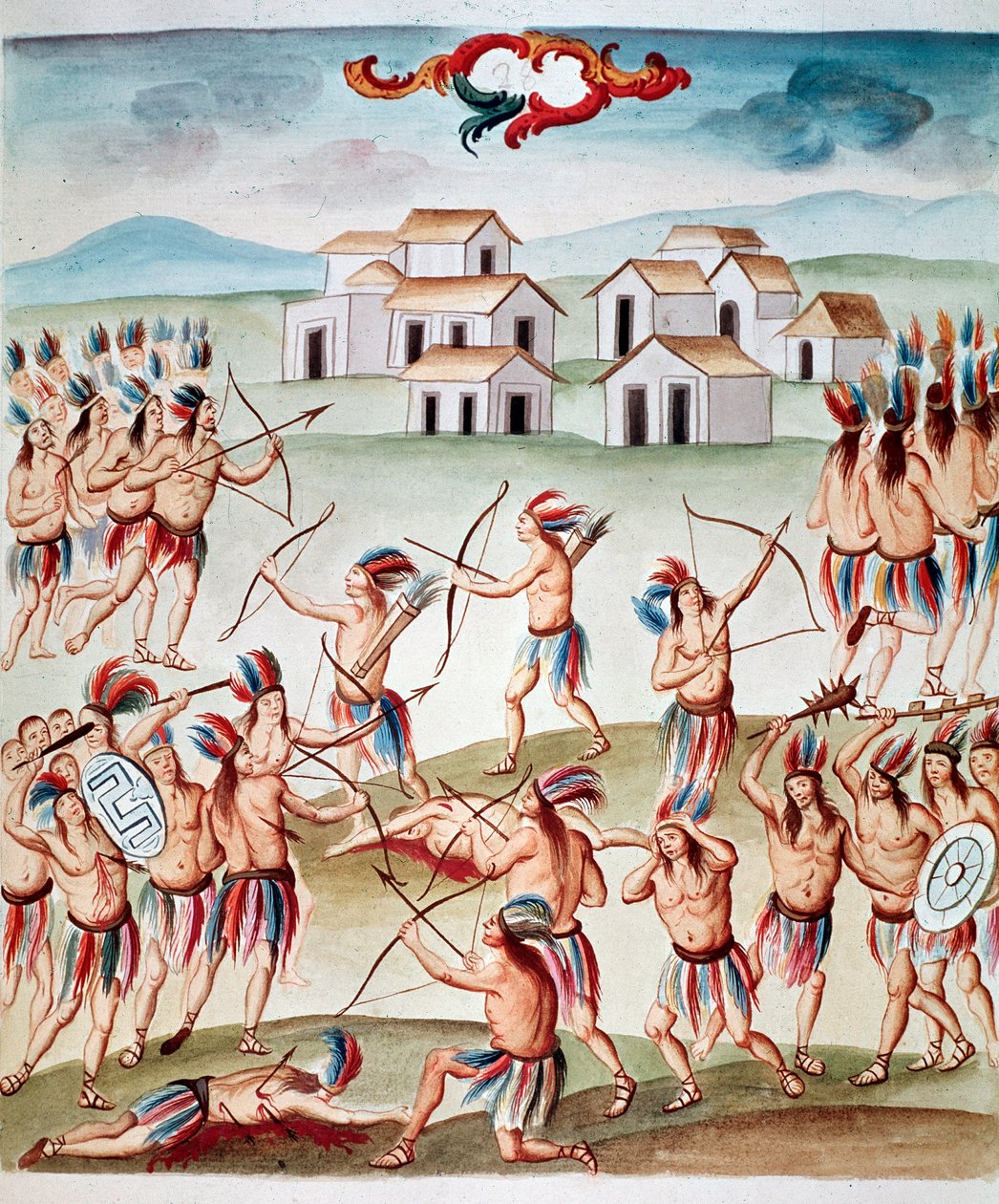 Scena bitwy, zasadzki w Acolman, Meksyk (Watercolou, ok. 1770-1780) autorstwa Unknown artist