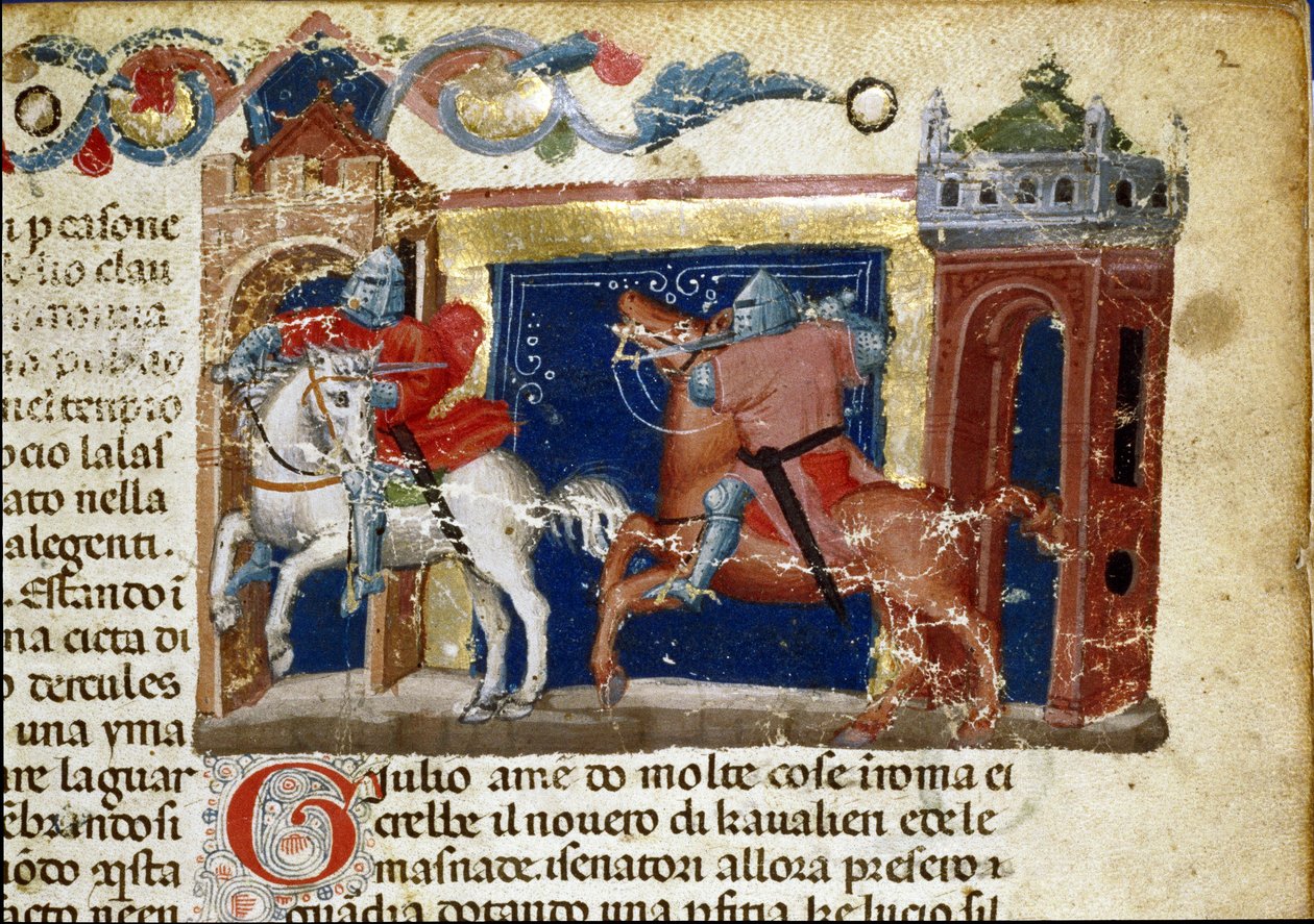 Scena bitwy, dwaj rycerze w zbrojach konfrontujący się ze sobą Fragment strony rękopisu „Fakty Rzymian” (Ms. 1538) ok. 1340 Florencja, Biblioteca Riccardiana autorstwa Unknown artist