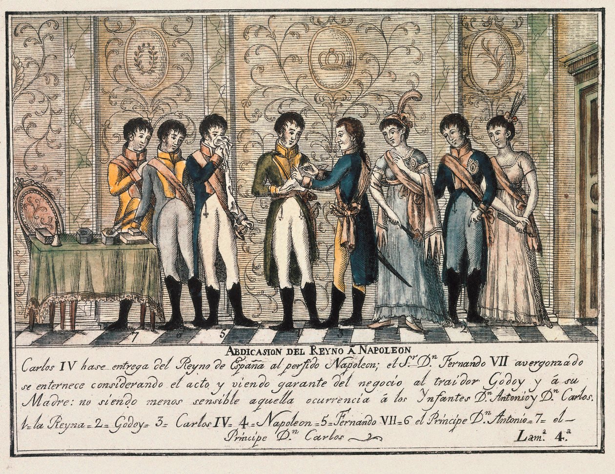 Wywiad Bayonne w 1808 roku po powstaniu Aranjuez, w którym abdykacja króla Hiszpanii Karola IV oddała tron Napoleonowi I przed jego synem Ferdynandem VII (Fernando VII) autorstwa Unknown artist