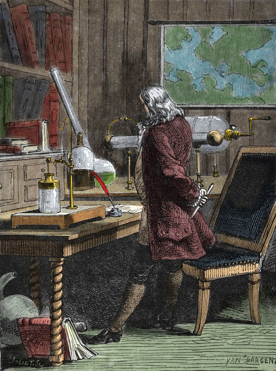 Benjamin Franklin (1706-1790), filozof, fizyk i ambasador amerykański w swoim laboratorium w Filadelfii. autorstwa Unknown artist