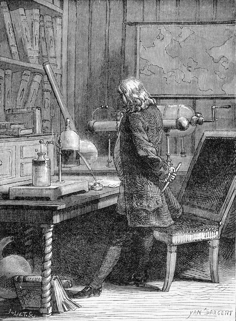 Benjamin Franklin, amerykański polityk i fizyk (1706-1790) w swoim laboratorium fizycznym w Filadelfii - grawer autorstwa Unknown artist