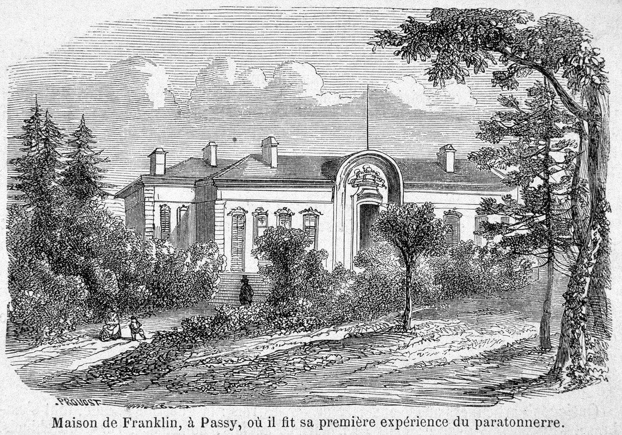 Dom Benjamina Franklina w Passy, gdzie po raz pierwszy doświadczył piorunochronu - grawerowania autorstwa Unknown artist