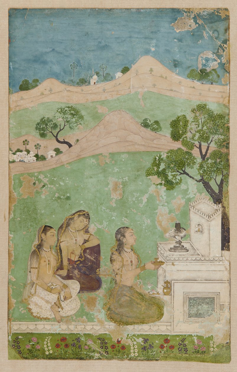 Bhairavi Ragini (tryb muzyczny): trzy postacie przed świątynią autorstwa Unknown artist