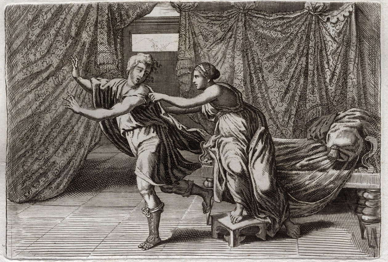 Biblia Royaumont, Stary Testament: Chastete Józefa. Józef nagabywany przez żonę Putifara (Potifara) i osadzony w więzieniu. Ilustracja z 1811 roku. autorstwa Unknown artist