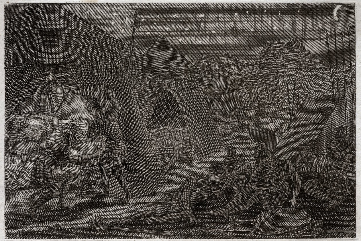 Biblia Royaumont, Stary Testament: Dawid ratuje Saula. Dawid trzyma Saula w swoich rękach, ale go nie krzywdzi. Po prostu bierze włócznię i kubek. Ilustracja z 1811 roku. autorstwa Unknown artist