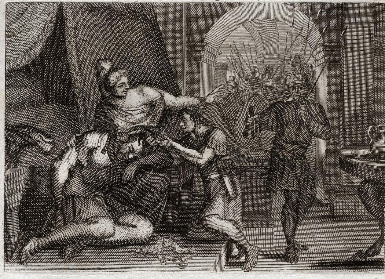 Biblia Royaumont, Stary Testament: Śmierć Samsona. Samson odkrywa, że Dalila tkwi w jej włosach. Obcina mu włosy i wprowadza do pokoju filistyńskich żołnierzy. Ilustracja z 1811 roku. autorstwa Unknown artist