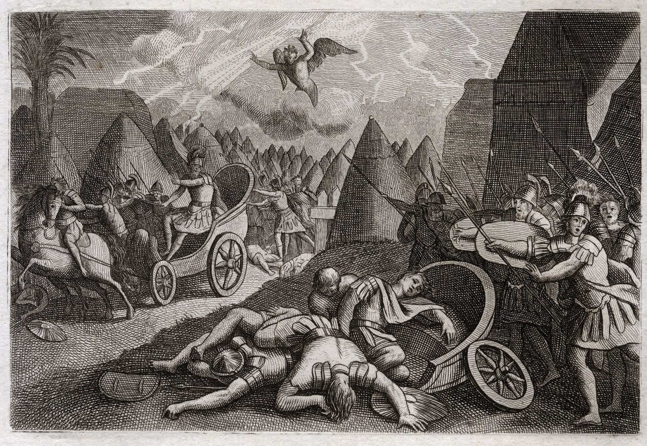 Biblia Royaumont, Stary Testament: Klęska Sennacheryba. Bóg pokonał armię Sennacheryba (Sancheryba) na korzyść króla Ezechiasza przez anioła, który zabił sto osiemdziesiąt pięć tysięcy ludzi w ciągu jednej nocy. Ilustracja z 1811 roku. autorstwa Unknown artist
