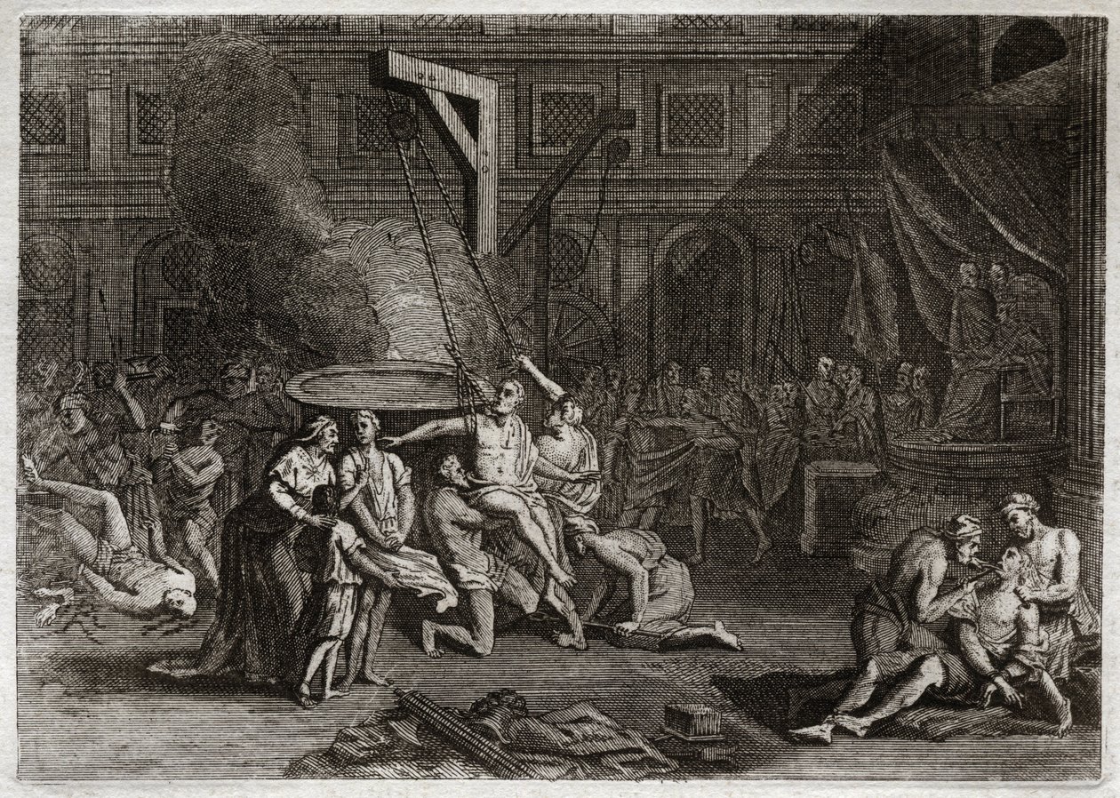 Biblia Royaumont, Stary Testament: Męczeństwo Machabeuszy. Siedmiu braci Machabeuszów jest męczennikami, zamiast zdradzić własną wiarę. Ilustracja z 1811 roku. autorstwa Unknown artist