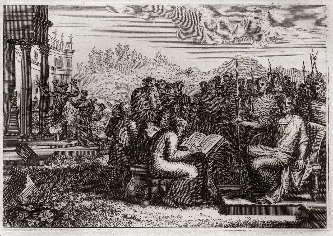 Biblia Royaumont, Stary Testament: Piete of Josias. Jozjasz, król Judy, przywraca kult Boga w swoim królestwie i przekazuje mocą wszystkich królów swoich poprzedników. Ilustracja z 1811 roku. autorstwa Unknown artist