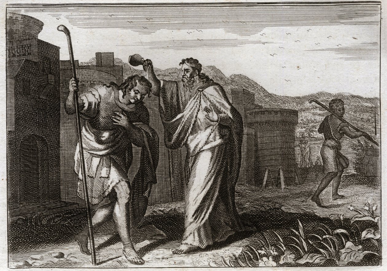 Biblia Royaumont, Stary Testament: Rytu Saula. Samuel, z rozkazu Bożego, święty Saul został królem Żydów. Ilustracja z 1811 roku. autorstwa Unknown artist